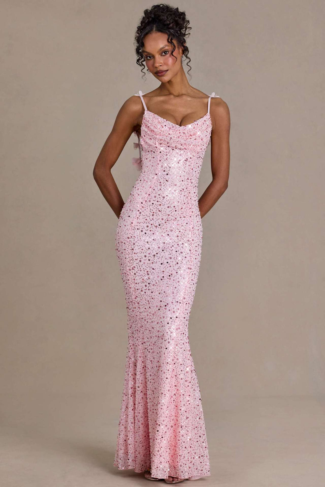 Damen elegantes Pailletten-Maxi-Kleid mit schickem Wasserfallausschnitt und figurbetonter Silhouette Drune