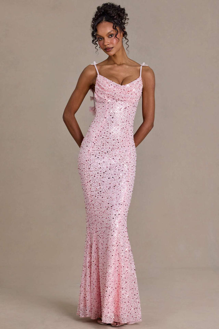 Damen elegantes Pailletten-Maxi-Kleid mit schickem Wasserfallausschnitt und figurbetonter Silhouette Drune