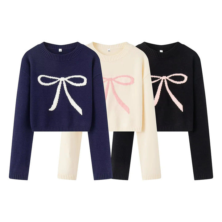 Damen nan kurz geschnittener Strickpullover mit Intarsien-Schleifenmotiv Drune