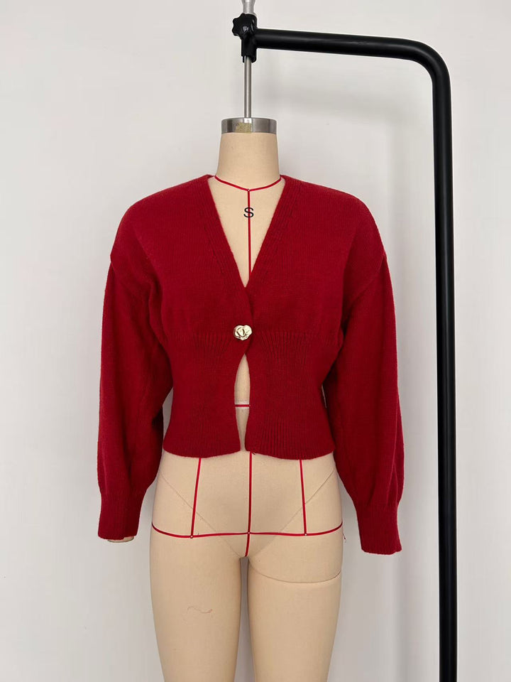 Damen 500+ Cropped‑Cardigan mit Taillenraffung, tiefem V‑Ausschnitt und großem Zierknopf Drune