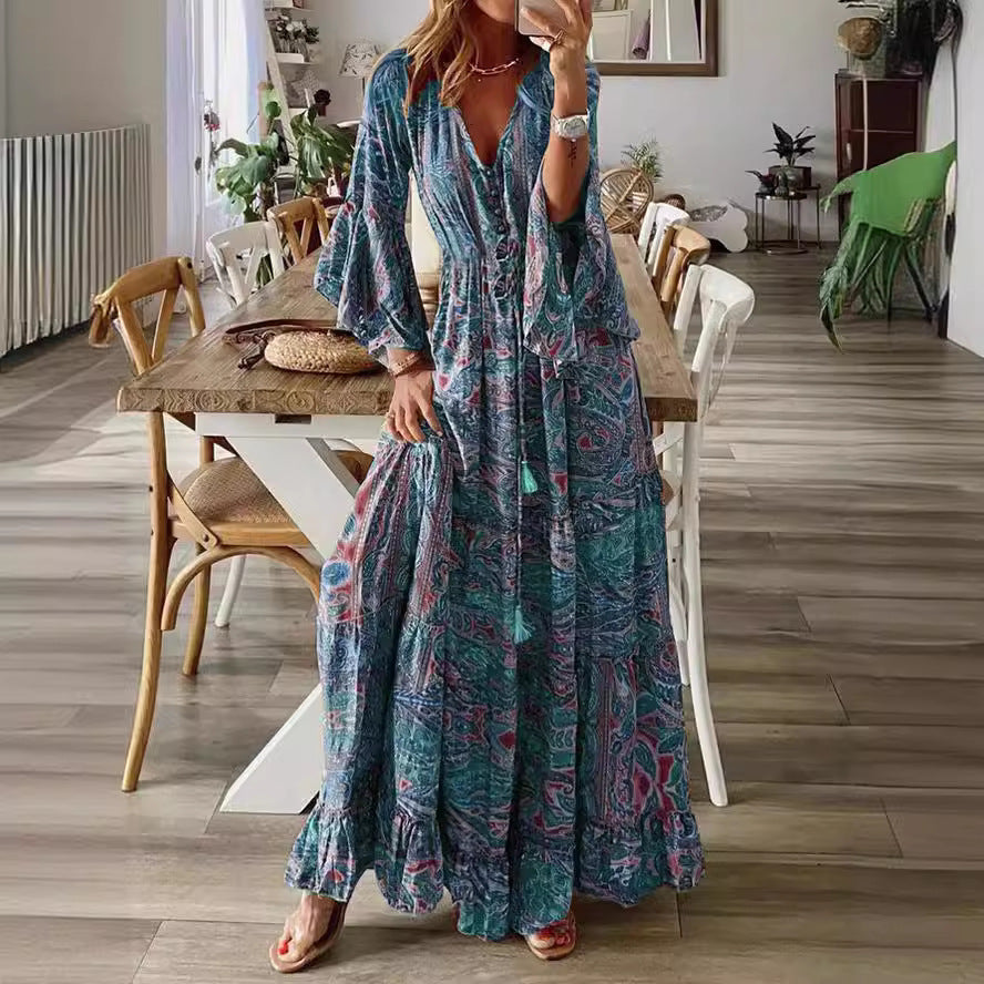 Damen Boho-Maxikleid mit Paisley‑Print, V‑Ausschnitt, Volantärmeln und Taillen‑Bindegürtel Drune