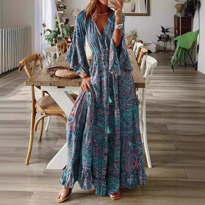 Damen Boho-Maxikleid mit Paisley‑Print, V‑Ausschnitt, Volantärmeln und Taillen‑Bindegürtel Drune