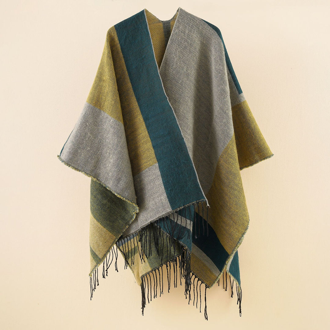 Damen Wendbarer Webponcho mit Fransen, Oversize‑Fall und weichem Wollmix Drune