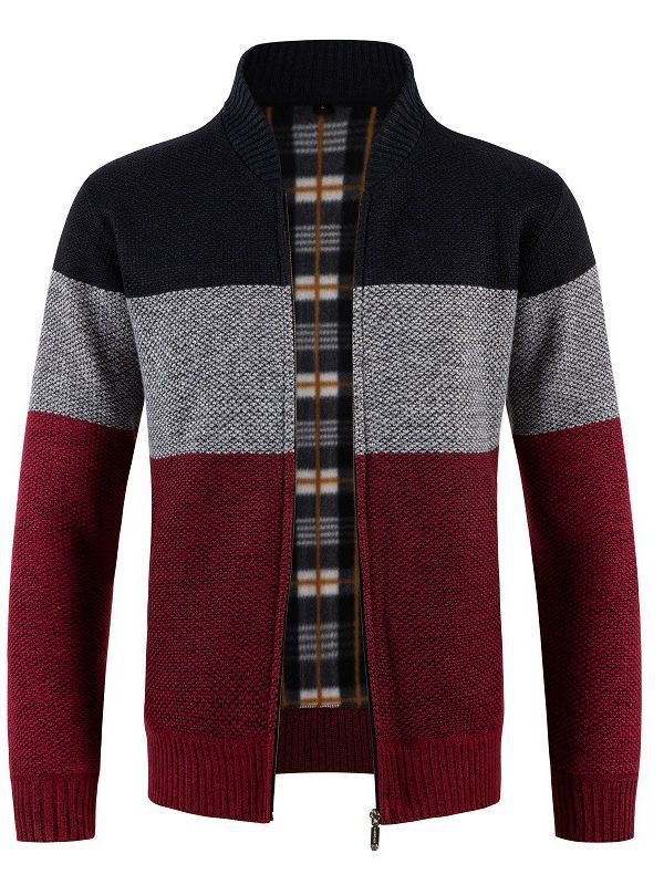 Herren modische Strickjacke mit kontrastierenden Streifen und gestepptem Innenfutter Drune