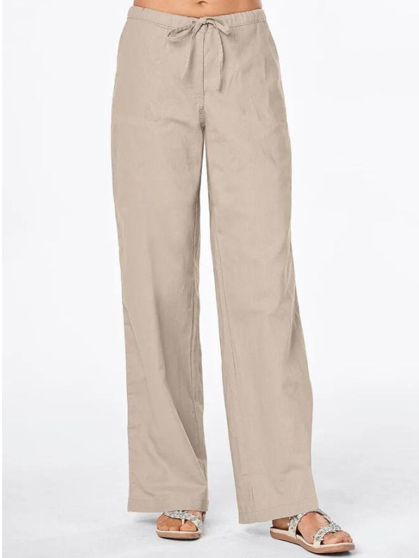 Damen weit geschnittene Leinenhose mit verstellbarem Bund und praktischen Taschen Drune