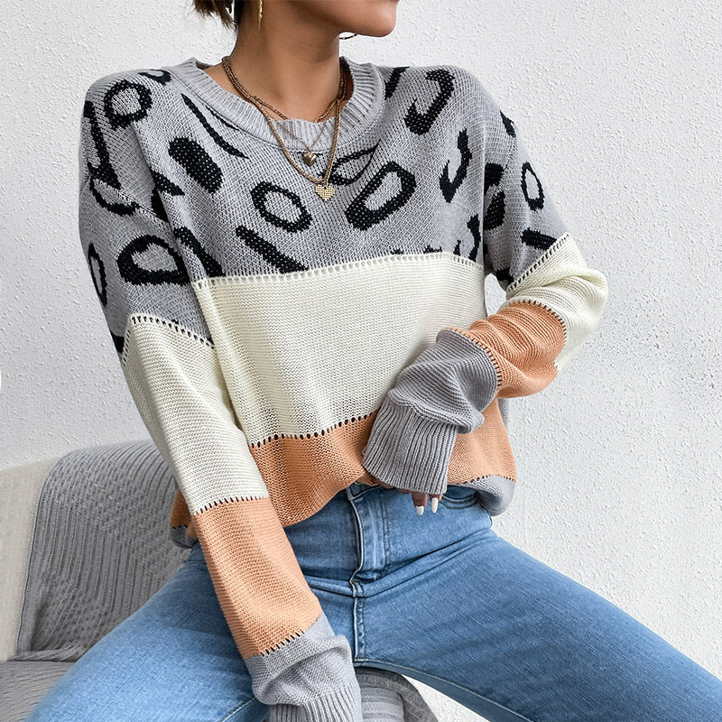 Damen Strickpullover mit Leopardenmuster und Blockstreifen Drune