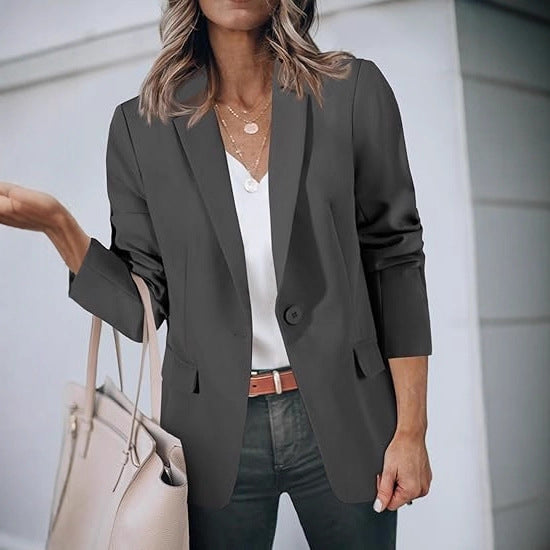Damen Leichter Stretch-Blazer mit Schalkragen, Ein-Knopf-Verschluss und dreiviertelärmeln Drune