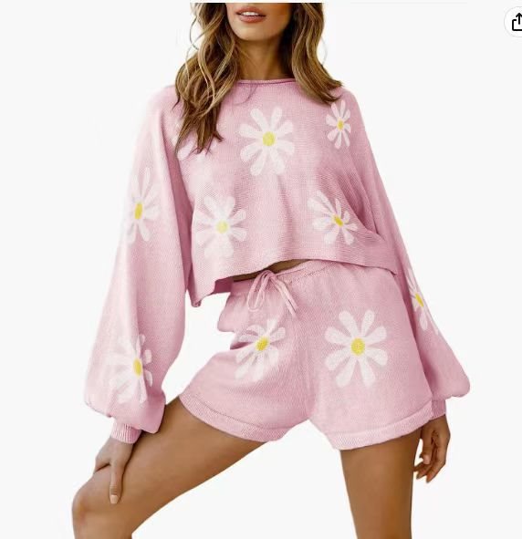 Damen lässiges Waffelstrick-Outfit mit komfortablem Crop-Oberteil und Shorts Drune