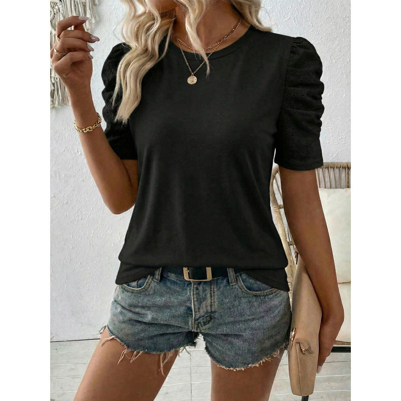 Damen T-Shirt mit Puffärmeln und Spitzenapplikationen Drune