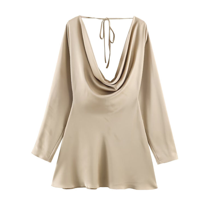 Damen Kurzes Satin-Minikleid mit tiefem Wasserfall‑Rücken, V‑Ausschnitt vorne und langen Ärmeln Drune