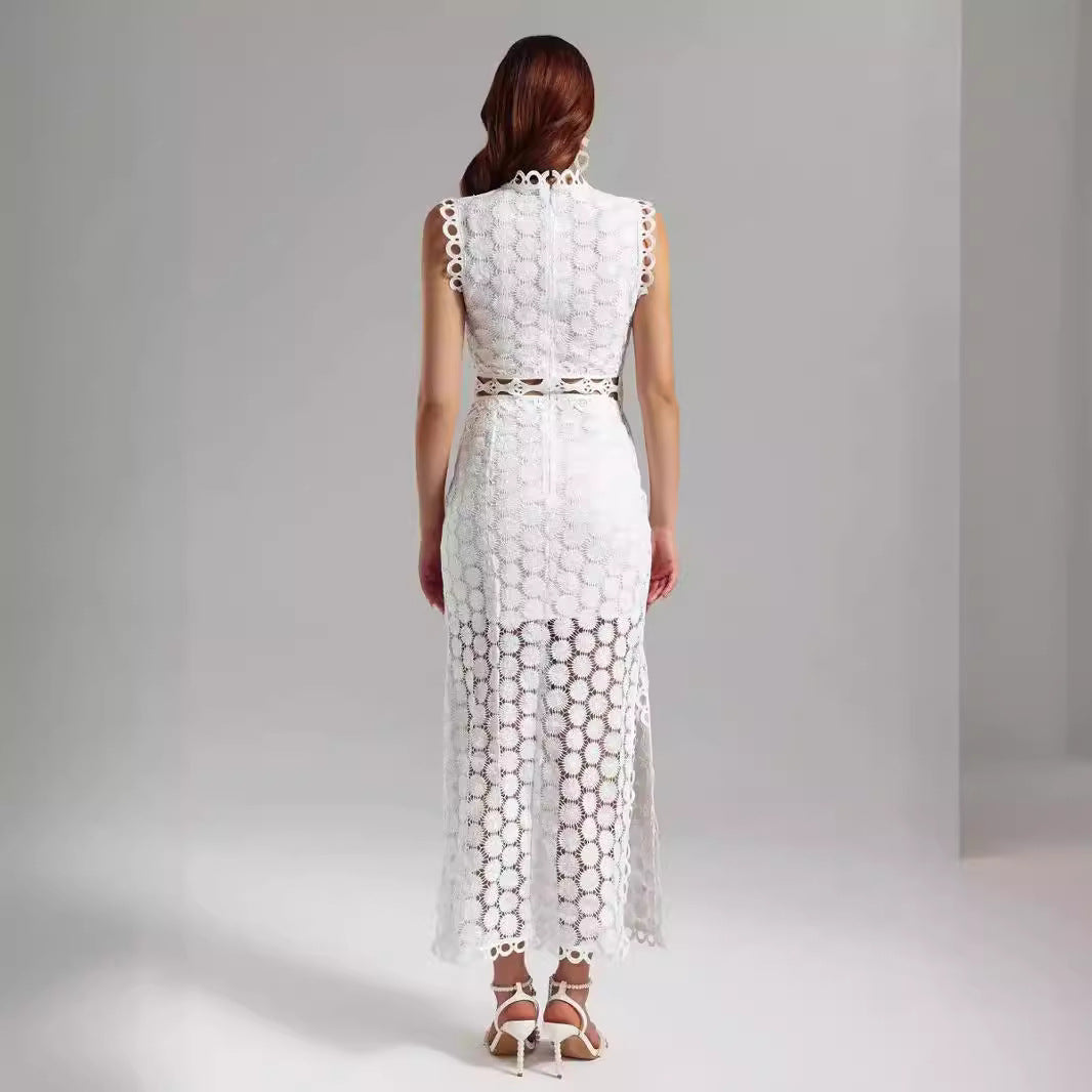 Damen Elegantes Spitzen-Maxikleid mit transparenten Einsätzen und dekorativen Rüschendetails Drune