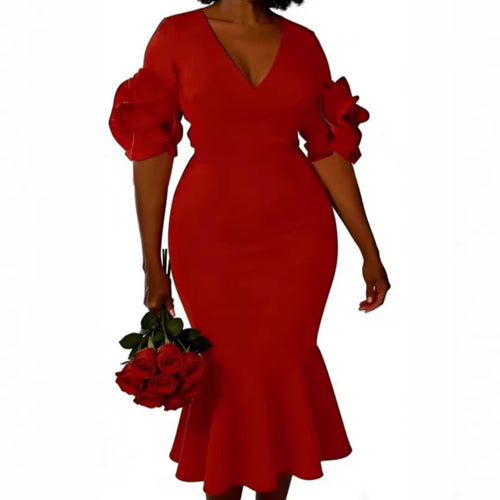 Damen figurbetontes Kleid mit Volantärmeln und Spitzen-Akzenten Drune