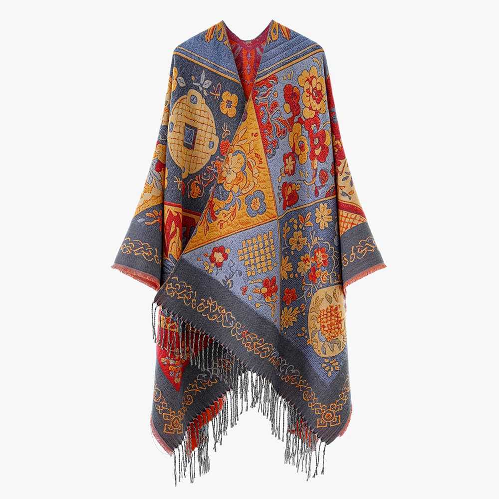 Damen Jacquard‑Gewebter Fransenponcho im Tapisserie‑Look Drune