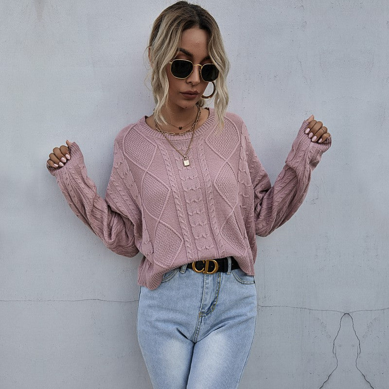 Damen Lässiger Oversize-Strickpullover mit geometrischem Zopfmuster und tiefen Ärmelabschlüssen Drune
