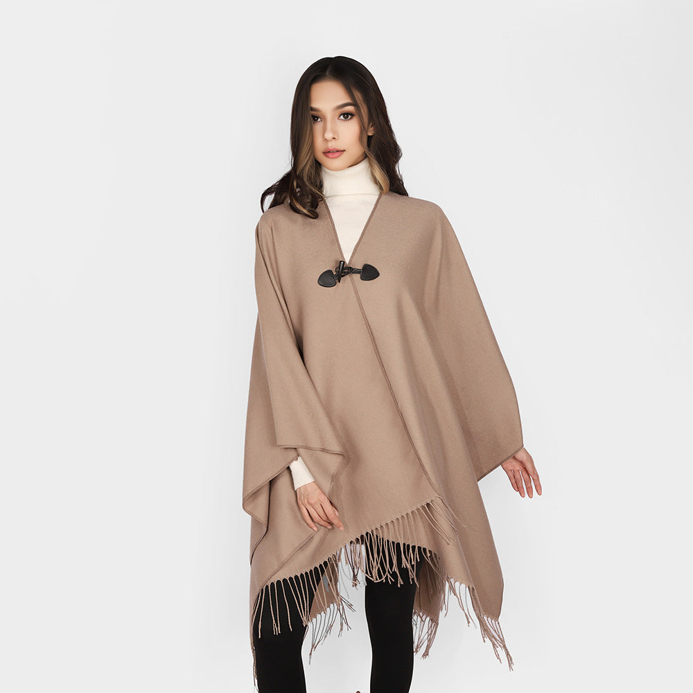 Damen Kastiger Cape-Überwurf mit Fransen und Knebelverschluss Drune