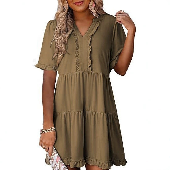 Damen nan leichtes Swingkleid mit V-Ausschnitt, gestufter Rockpartie und zarten Volants Drune
