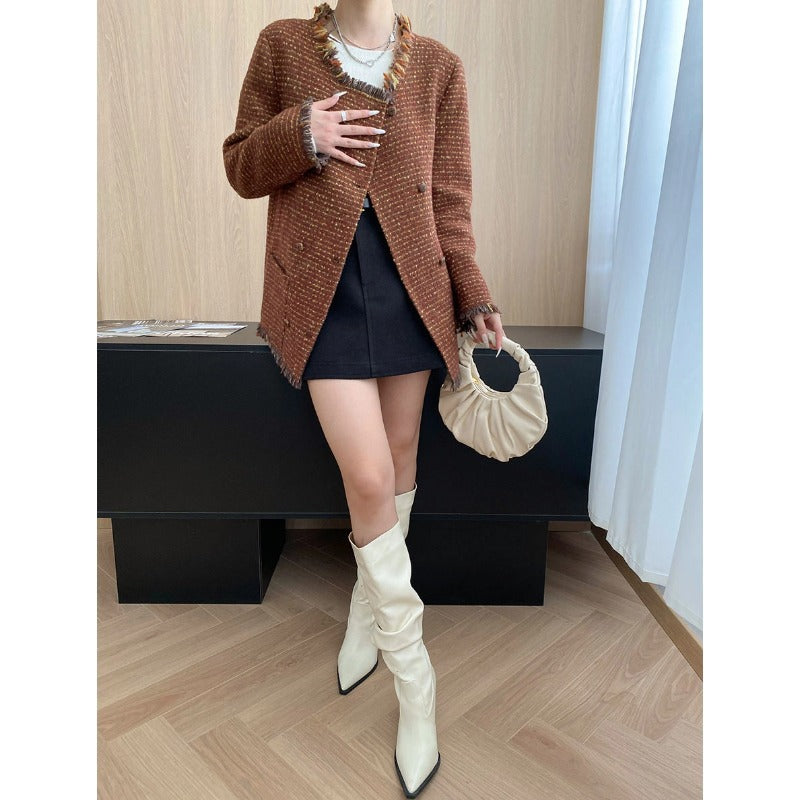 Damen lässige Longjacke mit strukturiertem Gewebe und dekorativen Knöpfen Drune
