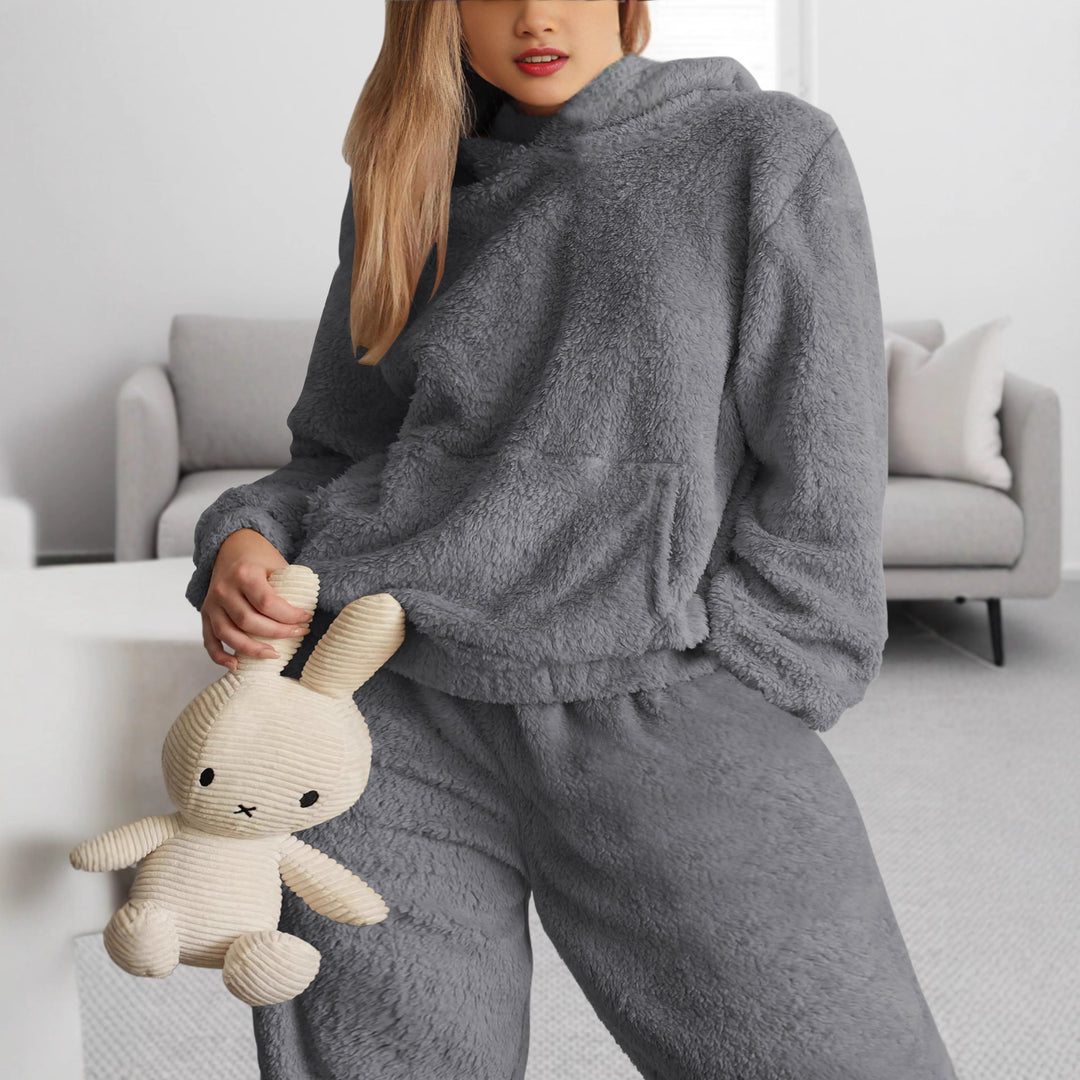 Damen Kuscheliges Teddy-Fleece Lounge-Set mit Kapuzenpullover und Jogginghose Drune