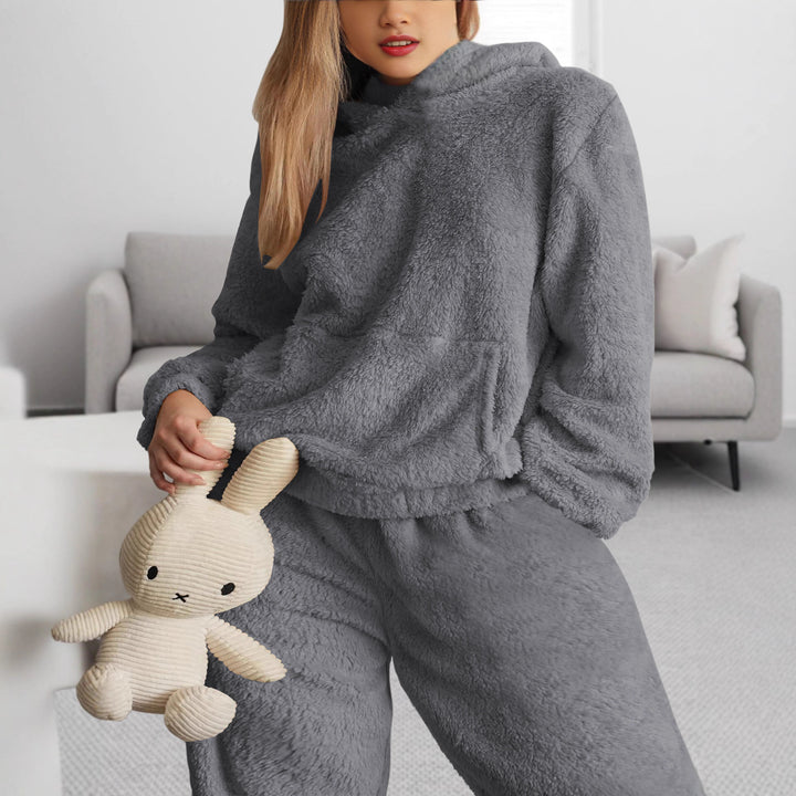 Damen Kuscheliges Teddy-Fleece Lounge-Set mit Kapuzenpullover und Jogginghose Drune