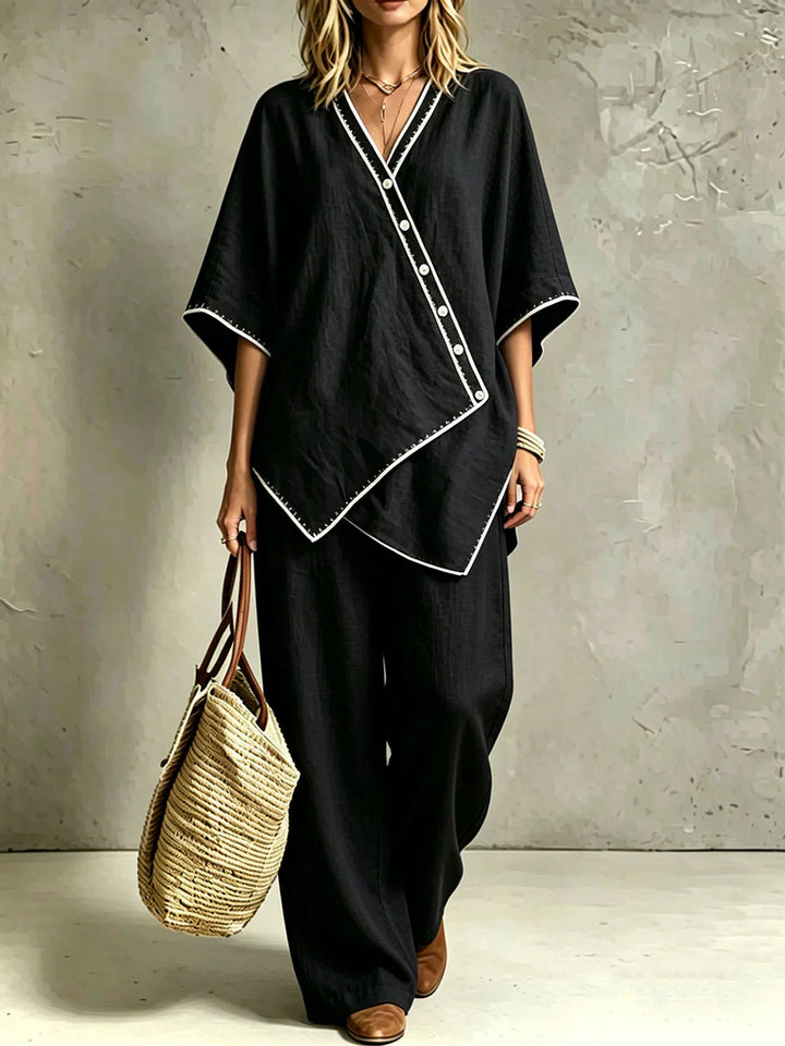 Damen Asymmetrisches Tunika-Loungewear-Set mit diagonaler Knopfleiste und weiter Palazzohose Drune