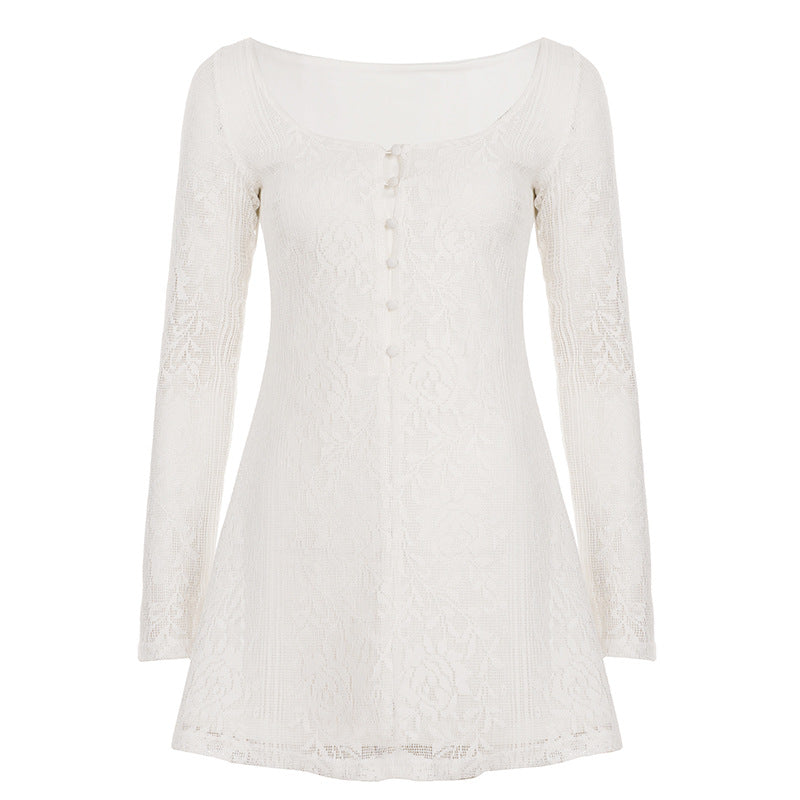 Damen elegantes Kleid mit Spitzenärmeln und Knopfdetails Drune