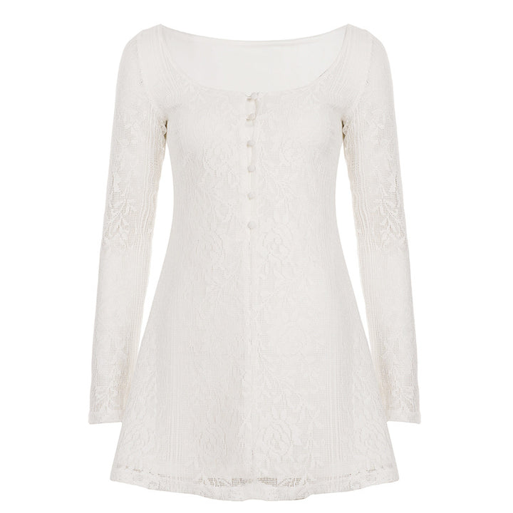 Damen elegantes Kleid mit Spitzenärmeln und Knopfdetails Drune