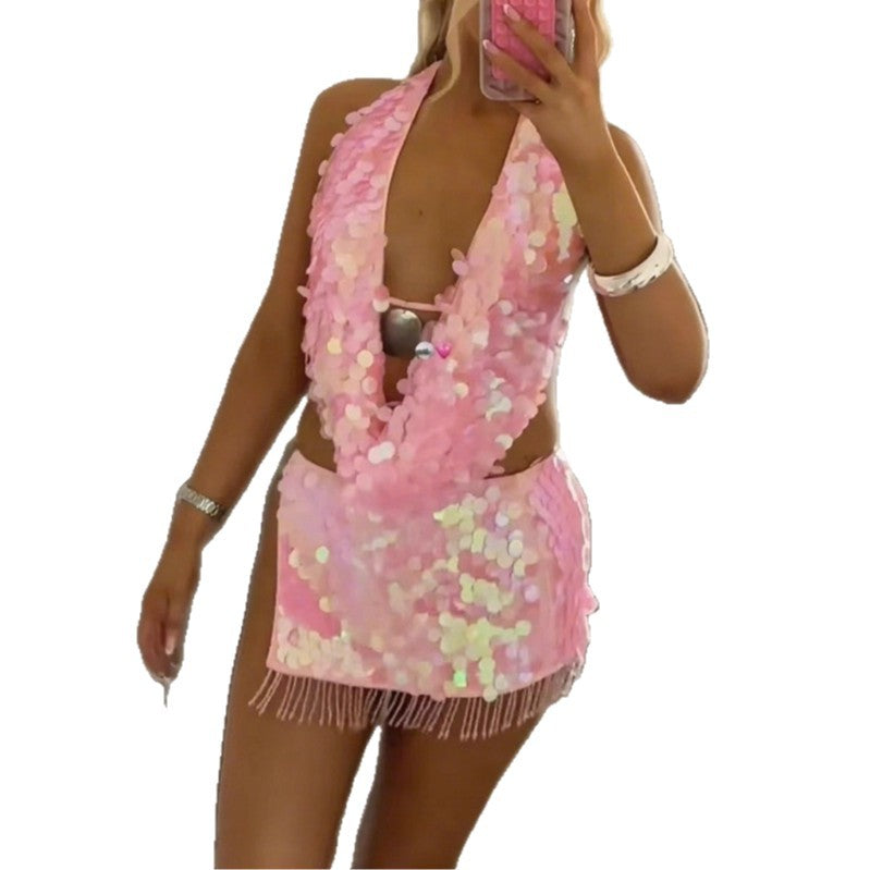 Damen Glamouröses Strandkleid mit Pailletten und Fransen Drune