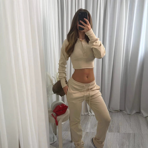 Damen gemustertes Loungewear-Set mit gekürztem Oberteil und bequemen Jogginghosen Drune