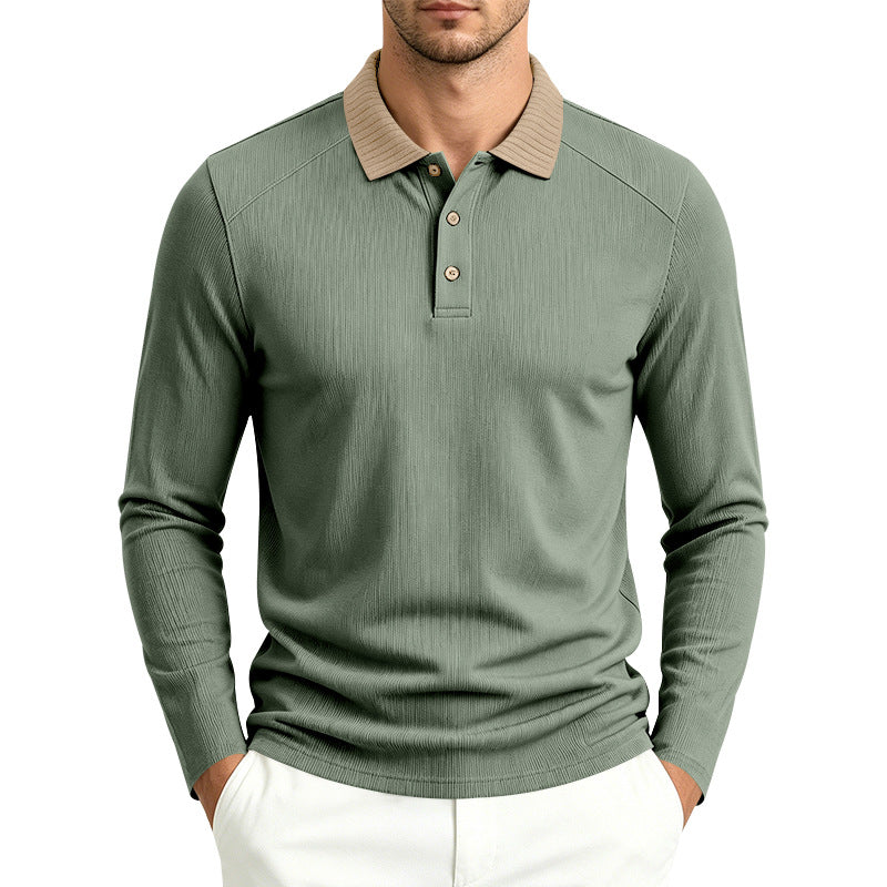 Herren Langarm-Poloshirt mit gerippter Kontrastkragen und feiner Waffelstruktur Drune