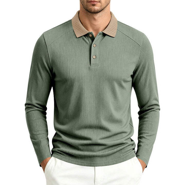Herren Langarm-Poloshirt mit gerippter Kontrastkragen und feiner Waffelstruktur Drune