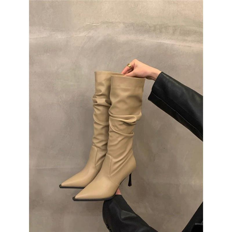 Damen Slouchy kniehohe Stiefel mit spitzer Zehenform und skulpturellem Stiletto-Absatz Drune