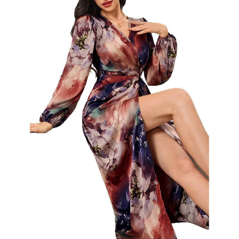 Damen Elegantes Wickelkleid mit floralen Akzenten Drune