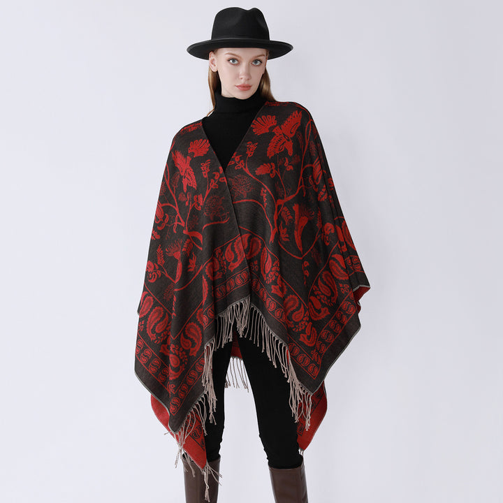 Damen Jacquard-Poncho im Oversize-Kaftan mit floraler und Vogelornamentik Drune