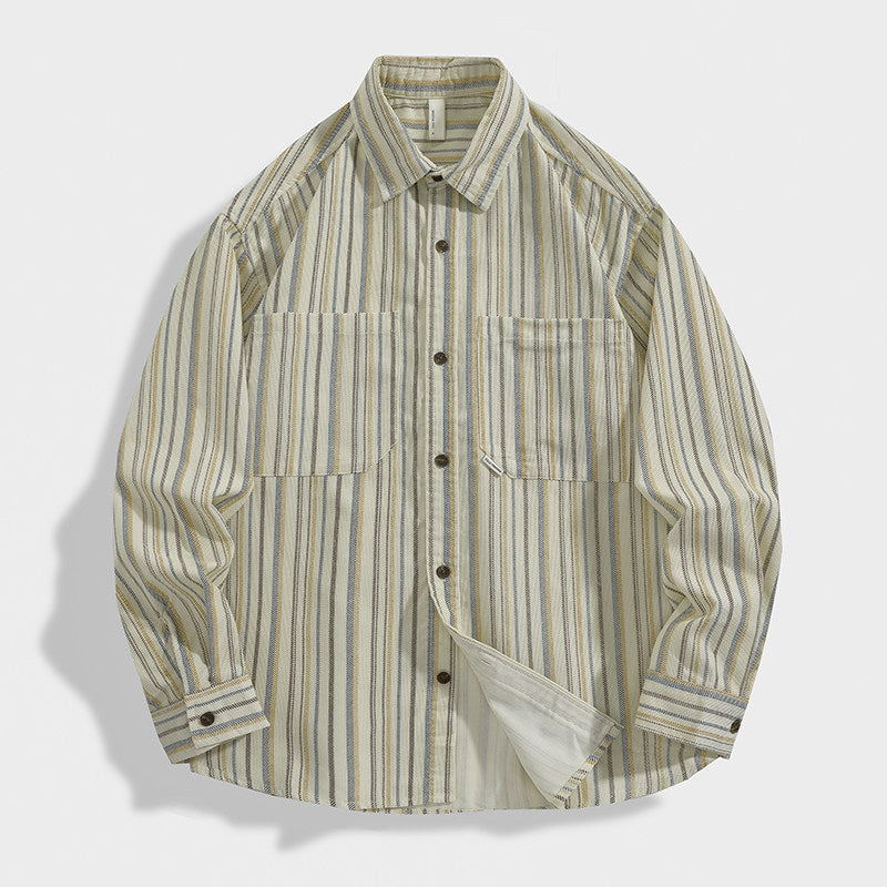 Herren Gestreiftes Overshirt-Hemd aus Baumwoll-Leinen mit Brusttaschen Drune