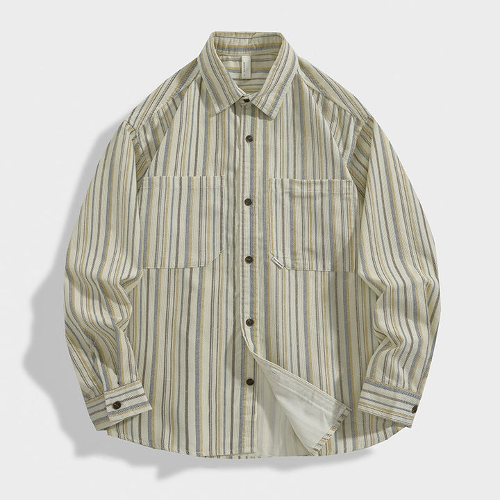 Herren Gestreiftes Overshirt-Hemd aus Baumwoll-Leinen mit Brusttaschen Drune