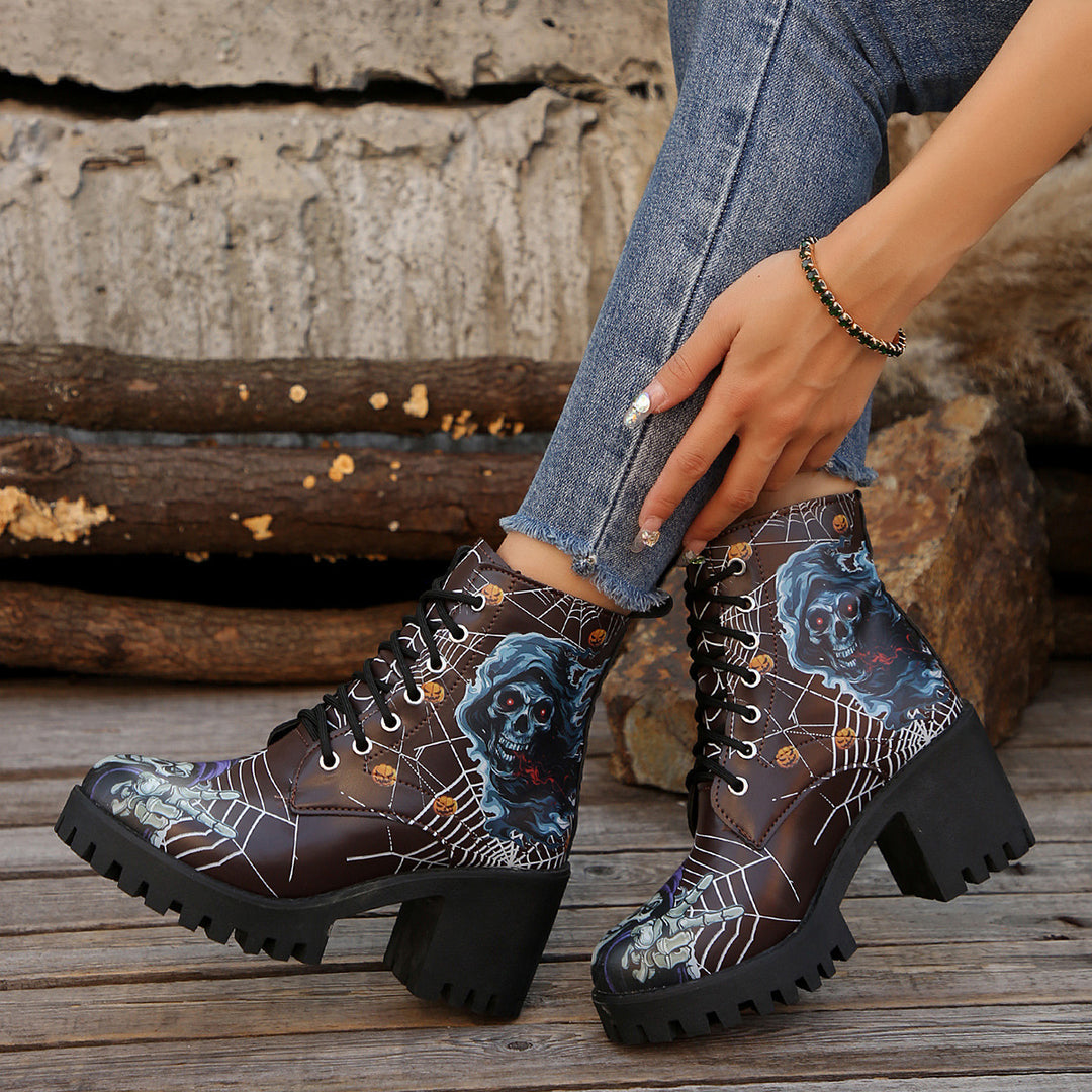 Damen Schnürstiefel mit Halloween-Motiv und robustem Blockabsatz Drune