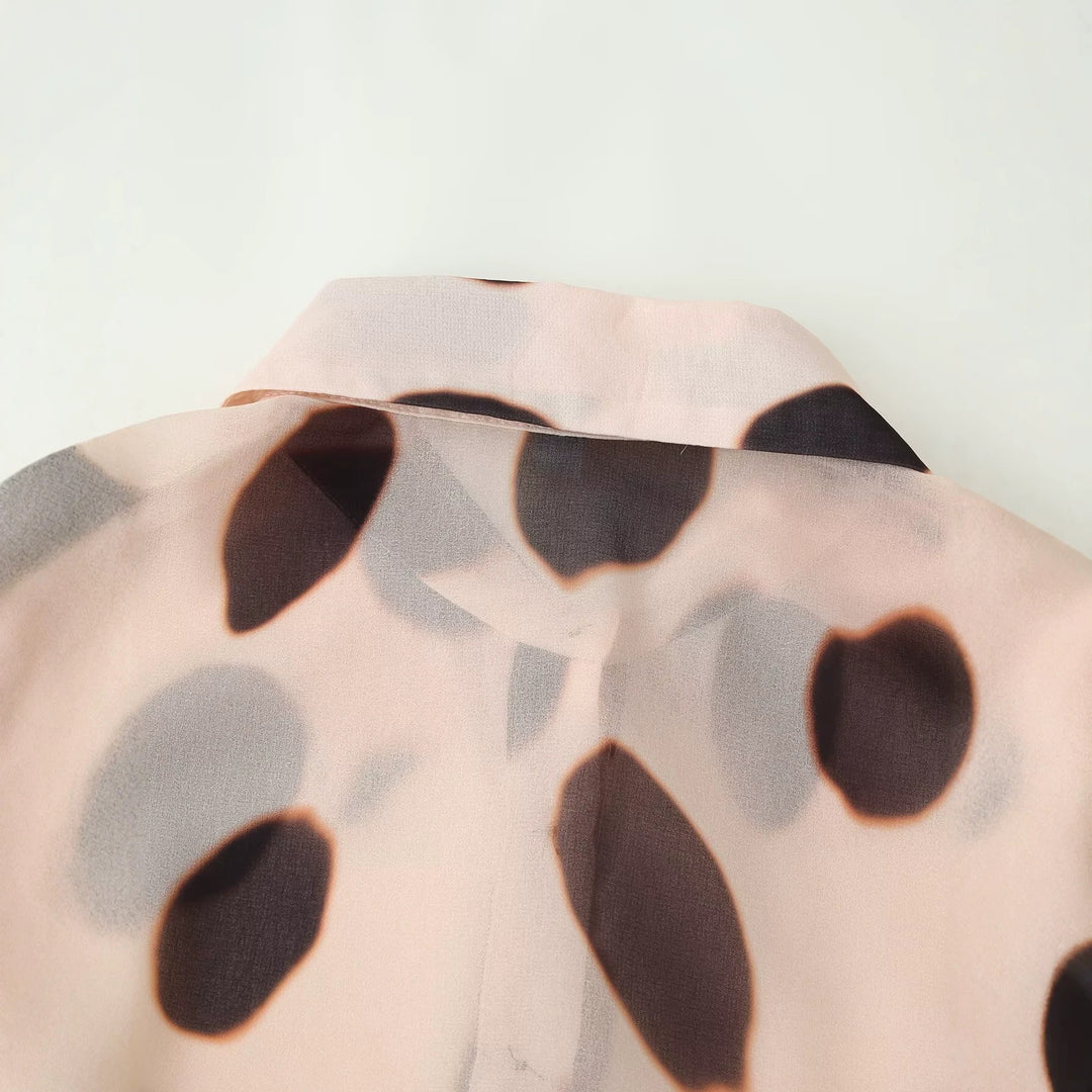 Damen Semi-transparente Chiffon-Bluse mit Knotenschal und großflächigem Punkteprint Drune