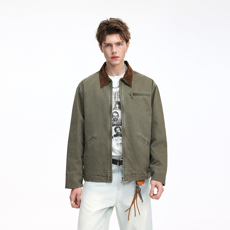 Herren Freizeitjacke aus gewaschenem Baumwollcanvas mit Cordkragen und Reißverschluss-Tasche Drune