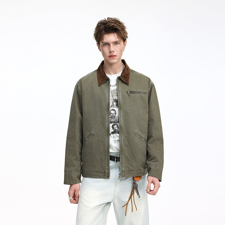 Herren Freizeitjacke aus gewaschenem Baumwollcanvas mit Cordkragen und Reißverschluss-Tasche Drune