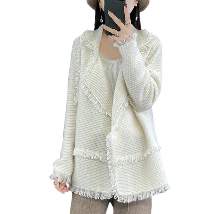 Damen Langer Fransen‑Strickcardigan mit großem Schalkragen und feiner Rippenstruktur Drune