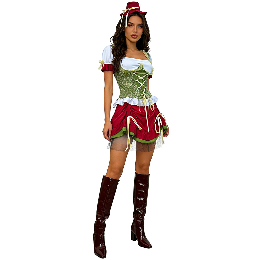 Damen nan kurzes Dirndl Trachtenkleid mit Schnürcorsage, Spitzenkragen und gerafftem Rock Drune