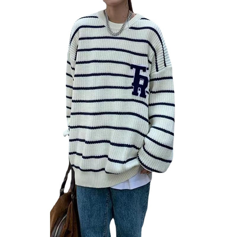 Damen lässiger Oversized-Pullover mit gebrochenen Streifen und Brusttasche Drune