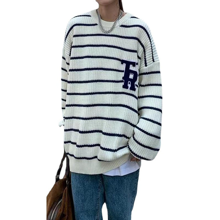 Damen lässiger Oversized-Pullover mit gebrochenen Streifen und Brusttasche Drune