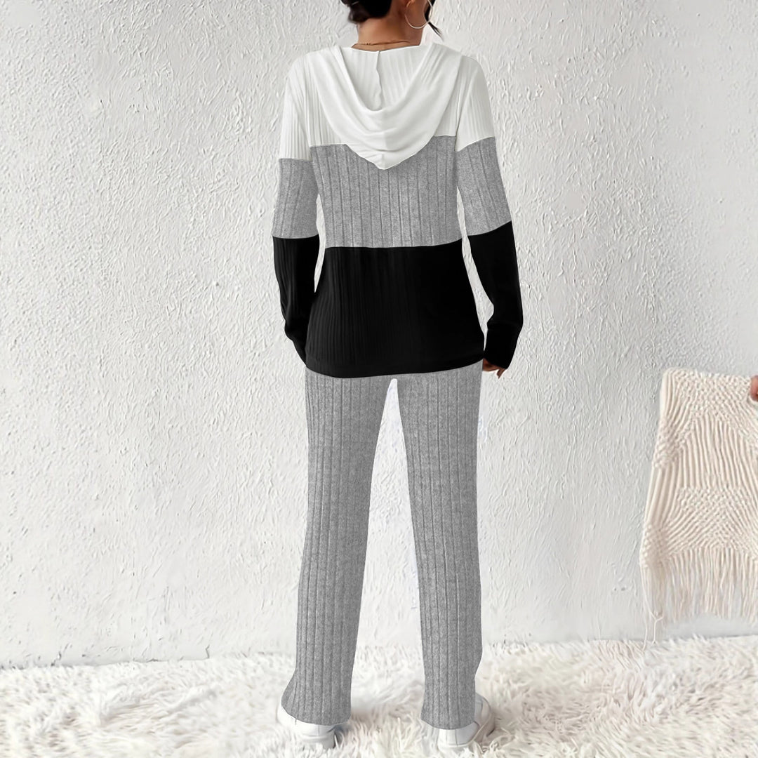 Damen Geripptes Lounge-Set mit Kapuzen-Halfzip und weitem Palazzo-Strickhose Drune