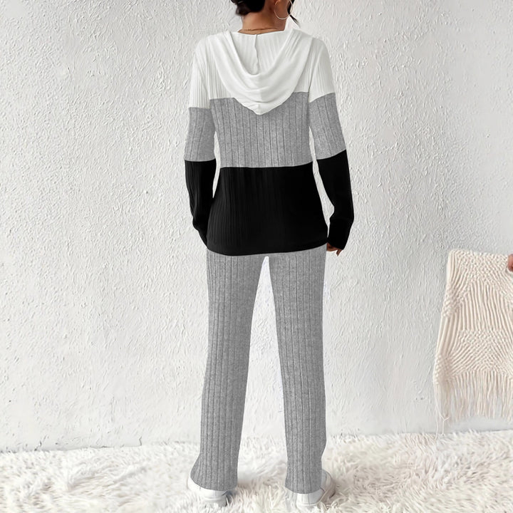 Damen Geripptes Lounge-Set mit Kapuzen-Halfzip und weitem Palazzo-Strickhose Drune