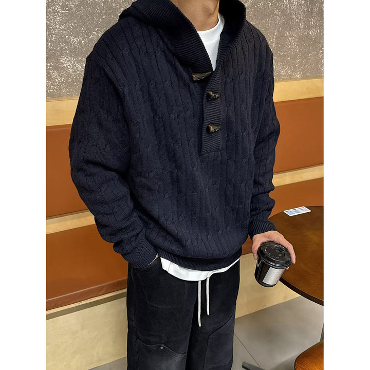 Herren Grobstrickpullover mit Kapuze und Knopfverschluss Drune