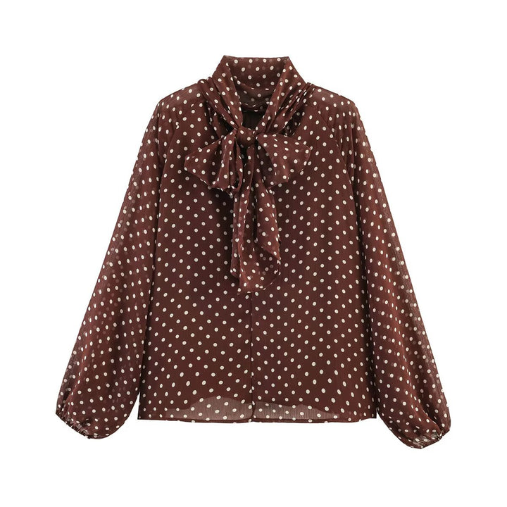 Damen 50+ seidenähnliche Polka‑Dot Schlupfbluse mit Schleifenkragen und Ballonärmeln Drune
