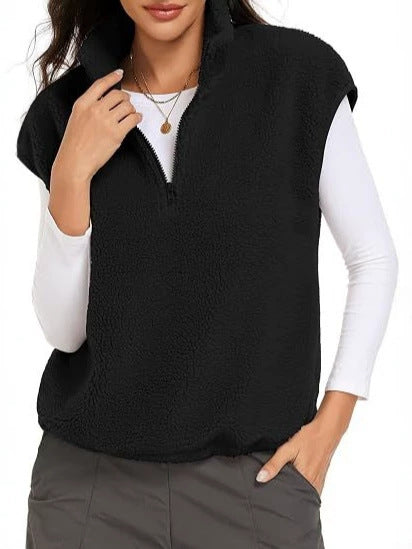 Damen Ärmellose Teddy-Fleece-Weste mit halbem Reißverschluss und Stehkragen Drune