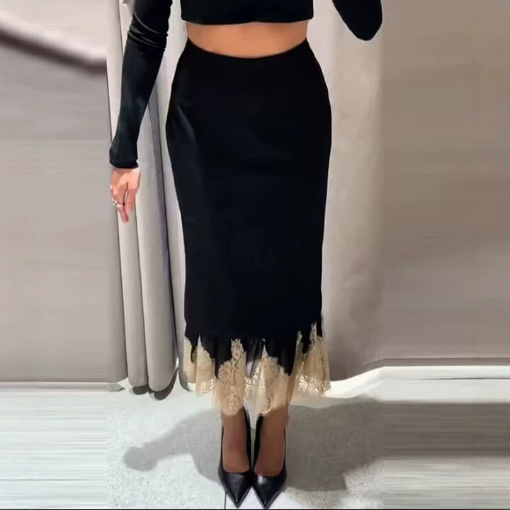 Damen Eleganter Bleistift‑Midirock mit kontrastierender Spitzenunterlage Drune