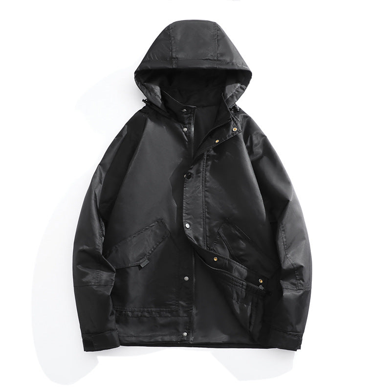 Herren Wasserabweisende Kapuzenjacke im Utility‑Stil mit Druckknopfleiste und Pattentaschen Drune